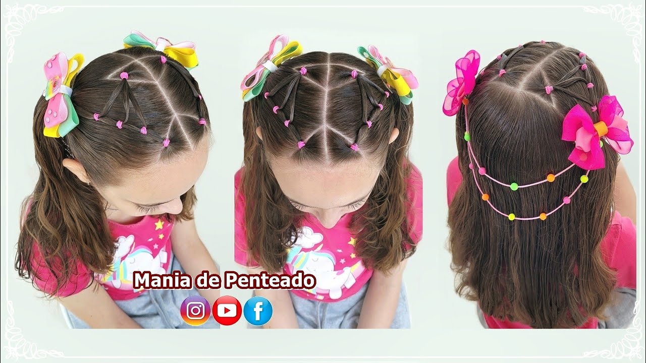 4 em 1 Penteado Infantil Fácil com Liguinhas, 4 in 1 Easy Hairstyle with  Rubber Bands for Girls 😍🥰