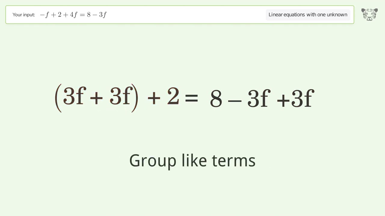 Linear Equation With One Unknown Solve f 2 4f 8 3f Step by step Linear Equation With One Unknown Solve f 2 4f 8 3f Step by step