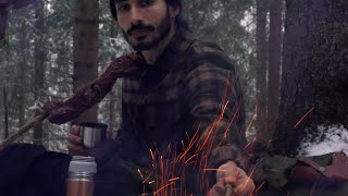 Solo Adventure - Below Freezing Snow Cooking On Campfire Swedish Axe