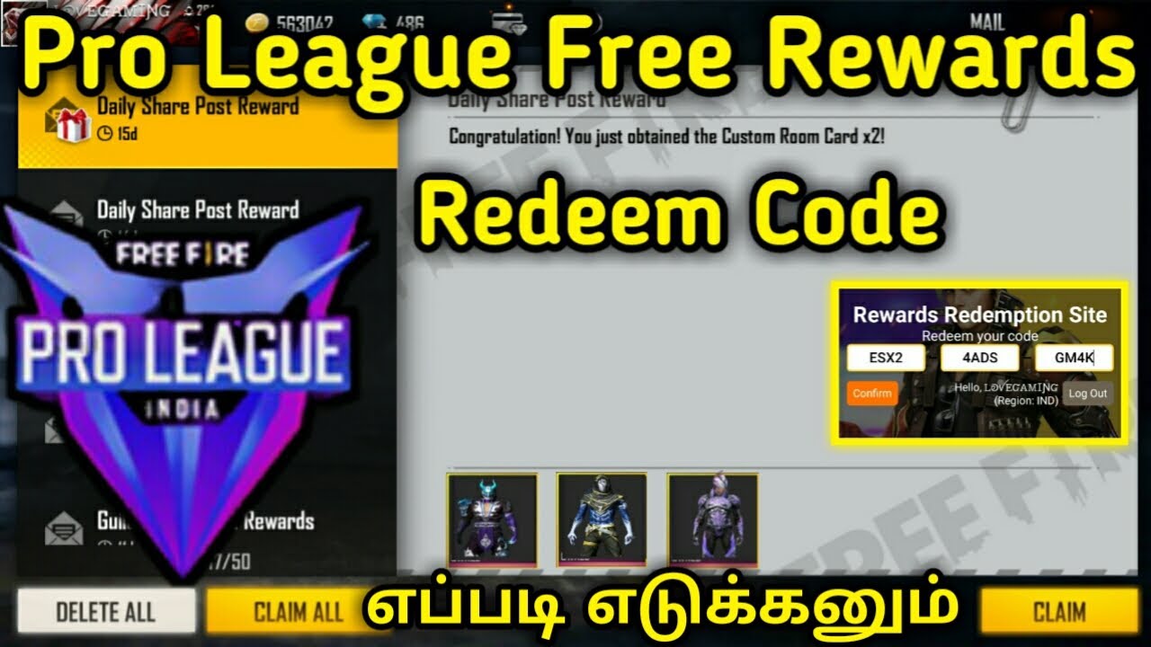 pro league redeem code free fire | free fire new event in Tamil