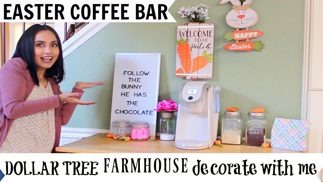 Decorate My Coffee Bar With Me Using ONLY Dollar Tree Easter Decorations!!! FARMHOUSE INSPIRED!
