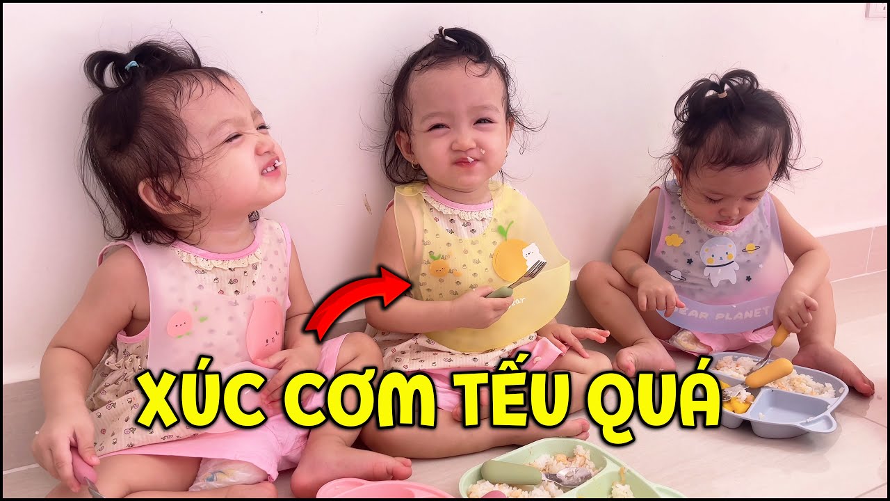 Ba bé sinh ba thử thách lần đầu xúc cơm ăn, có một bé làm tếu nhất | BA NÀNG TIÊN