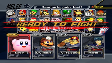 Kirby VS Dr Mario VS C Falcon VS Marth | 3 Min Coin | Super Smash Bros Melee Fight 204