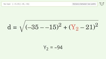 Find the distance between two points p1 (-15,21) and p2 (-35,-94): Step-by-Step Video Solution