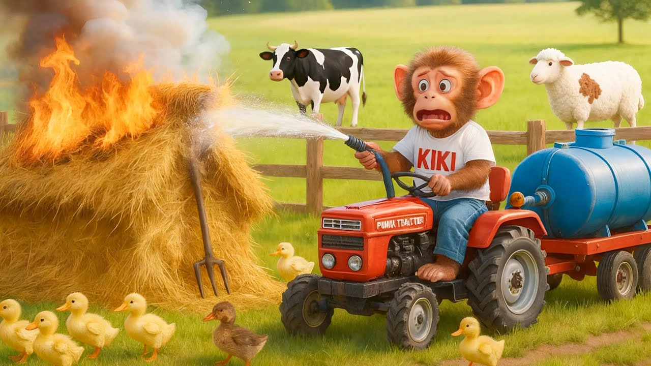 Brave Baby Monkey Drives a Tractor to Tow a Water Pump and Extinguish the Burning Haystack!