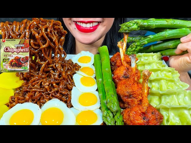 ASMR BLACK BEAN NOODLES, SPICY CHICKEN LOLLIPOP, VEG DUMPLING, EGGS MASSIVE Eating Sounds