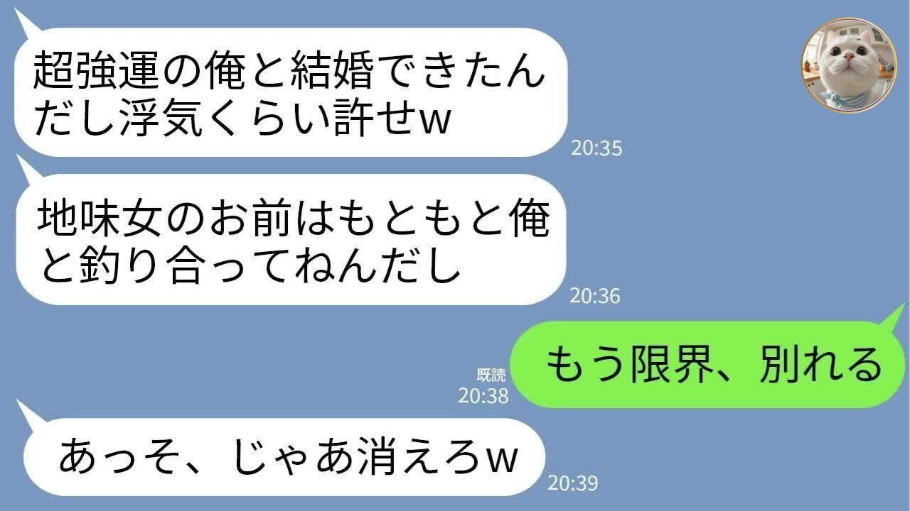 【LINE】自分を“超強運”だと勘違いする俺様夫「浮気3回はセーフw」→離婚宣言した瞬間、真の強運が判明して人生大逆転www