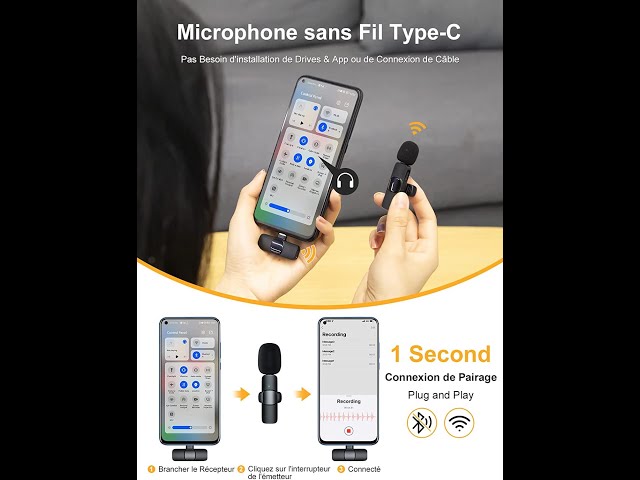 Dual Micro Cravate sans Fil USB C/Android, Mini Microphone pour Smartphone,  réaliser Vos vidéos Streaming  Facebook TikTok Vlog, Bluetooth Non