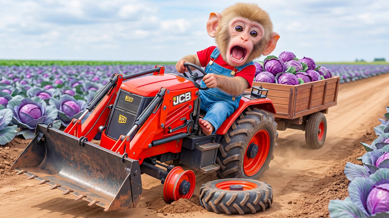 🐒🚜 Monkey Nana Drives a JCB to Harvest Cabbages… but a Nail Trap Thief Ruins the Machine! 🥬🚨