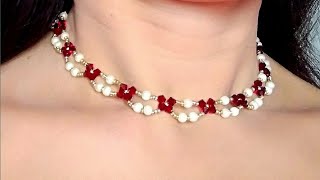 Easy to make pearl beaded necklace. DIY pearl necklace tutorial at home.