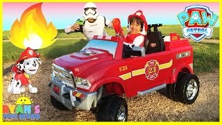 FIRE TRUCK FOR KIDS POWER WHEELS RIDE ON Paw Patrol Video Marshall Put out Fire Egg Surprise Toys(Kid Fireman riding on 12V Fire Engine Truck Power Wheels Ride on putting out a fire video! Ryan from Ryan ToysReview dressed as Nickelodeon Paw Patrol ..., 2015-10-05T12:00:00.000Z)