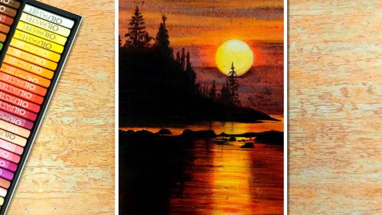Drawing Sunset Riverside landscape with oil pastel Swanee art step by step