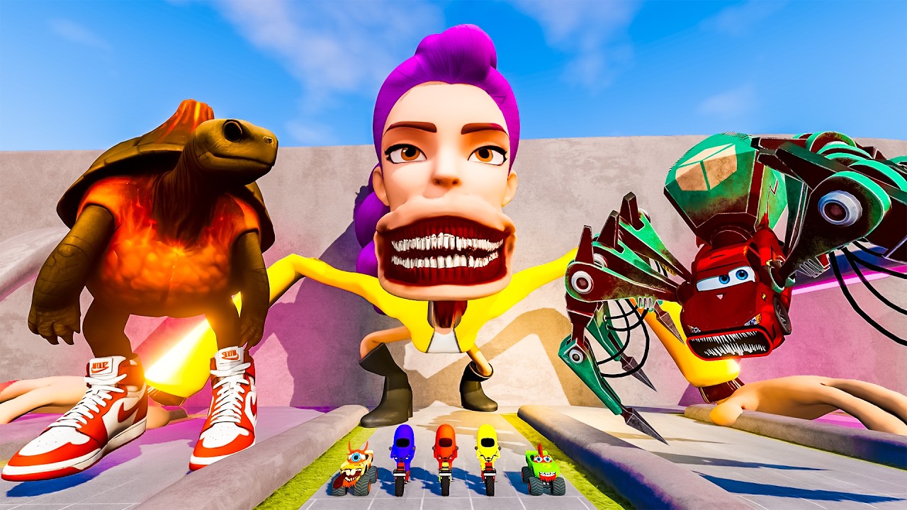 ALL MONSTERS Big & Small: Bikes vs Jump Test with TEETH GIRL & McQUEEN SPIDER - BeamNG.Drive