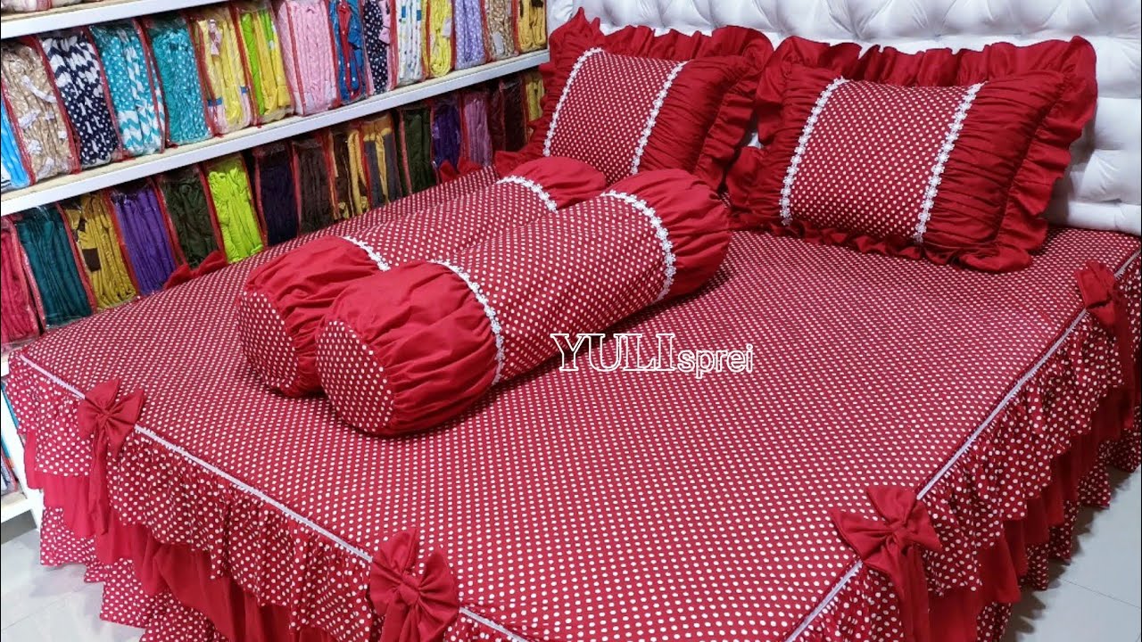 YULI sprei - R3SS tiga tingkat bantal guling balon motif dotty merah