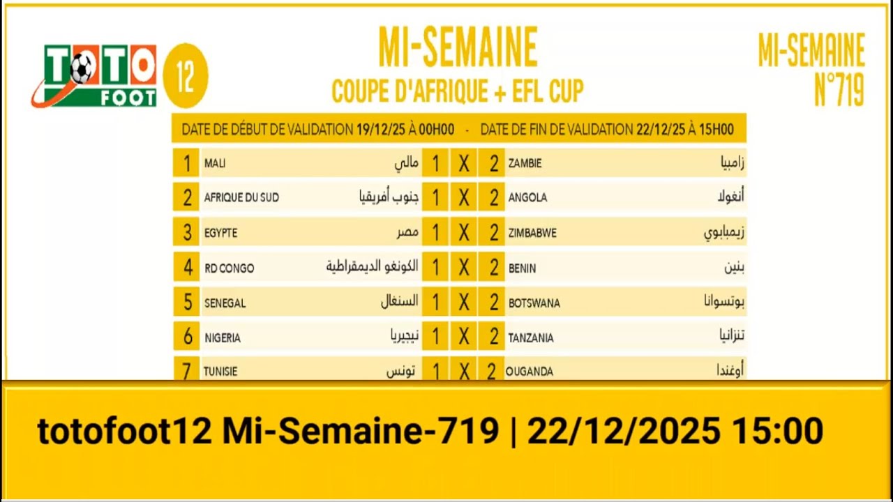 Pronostiques totofoot12 Mi-Semaine-719  du 22-12-2025 