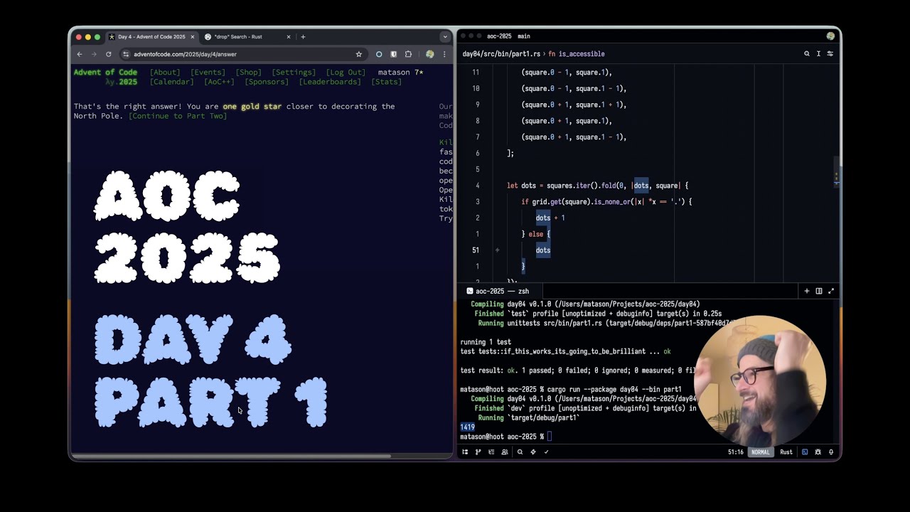 DAY 04/01 | Advent of Code 2025 | Rust | PRINTING MY ⭐️⭐️⭐️⭐️⭐️⭐️⭐️'s