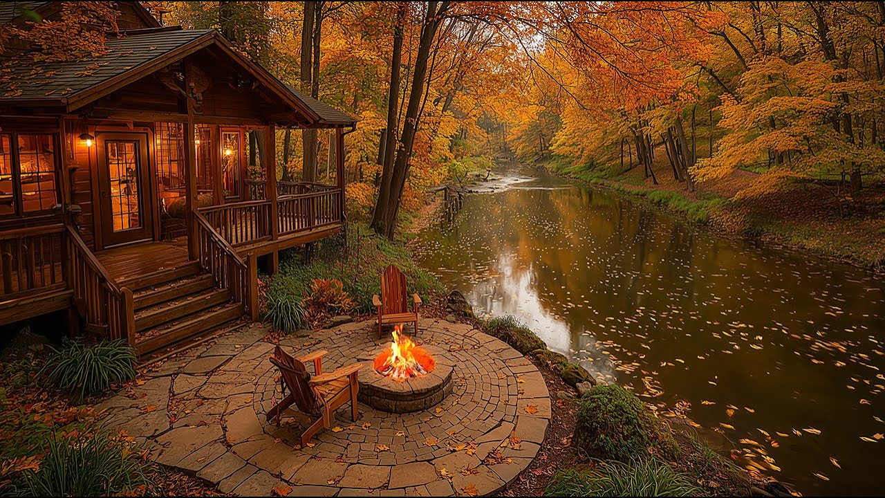 Relax Your Soul Beside a Crackling Firepit ? Peaceful Autumn Evening by the Riverside Cabin