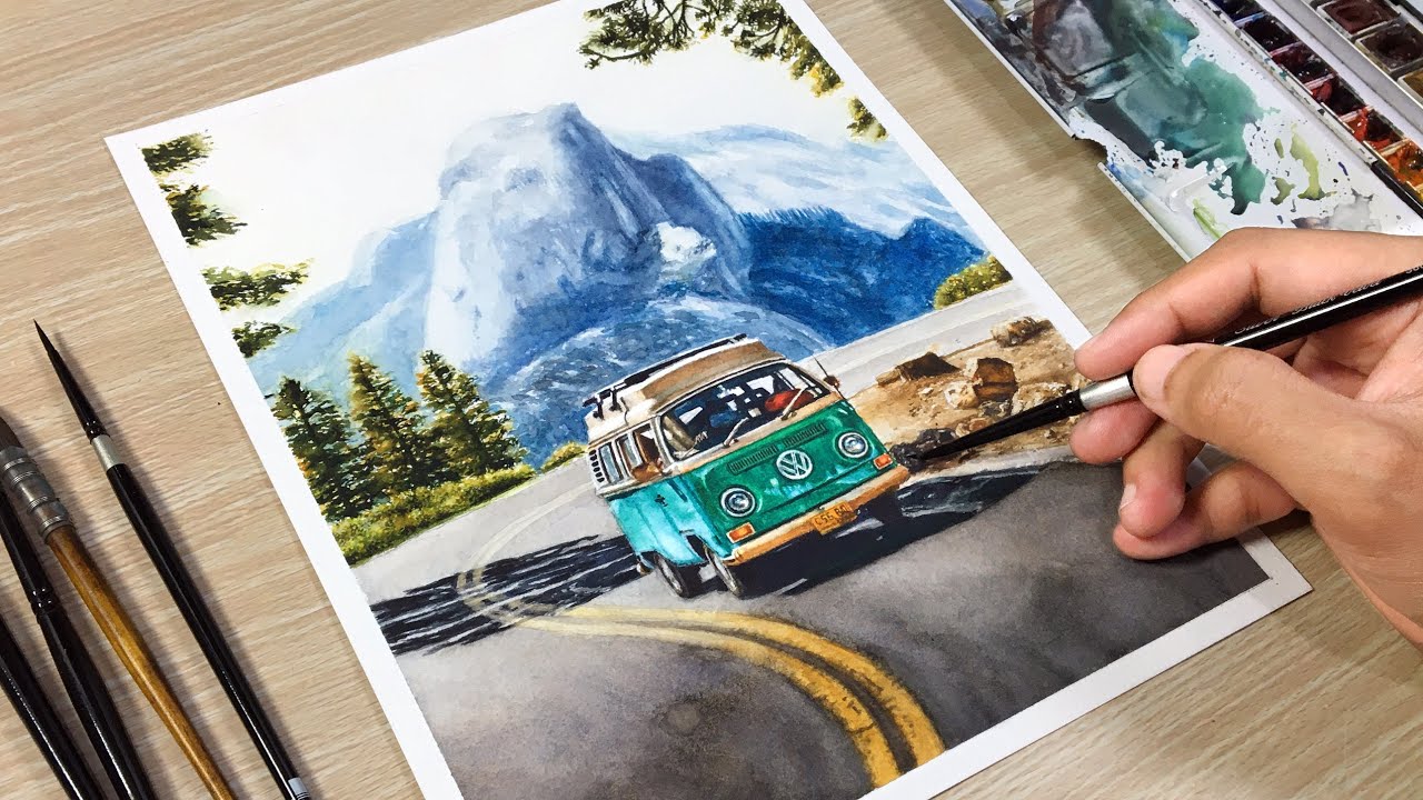 Hill Road Trip in Watercolor Painting