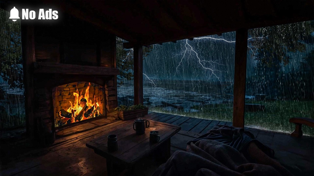 NO ADS ⛈️ Rainy Seaside Porch & Crackling Fireplace | Thunderstorm Sounds for Relax, Study & Sleep