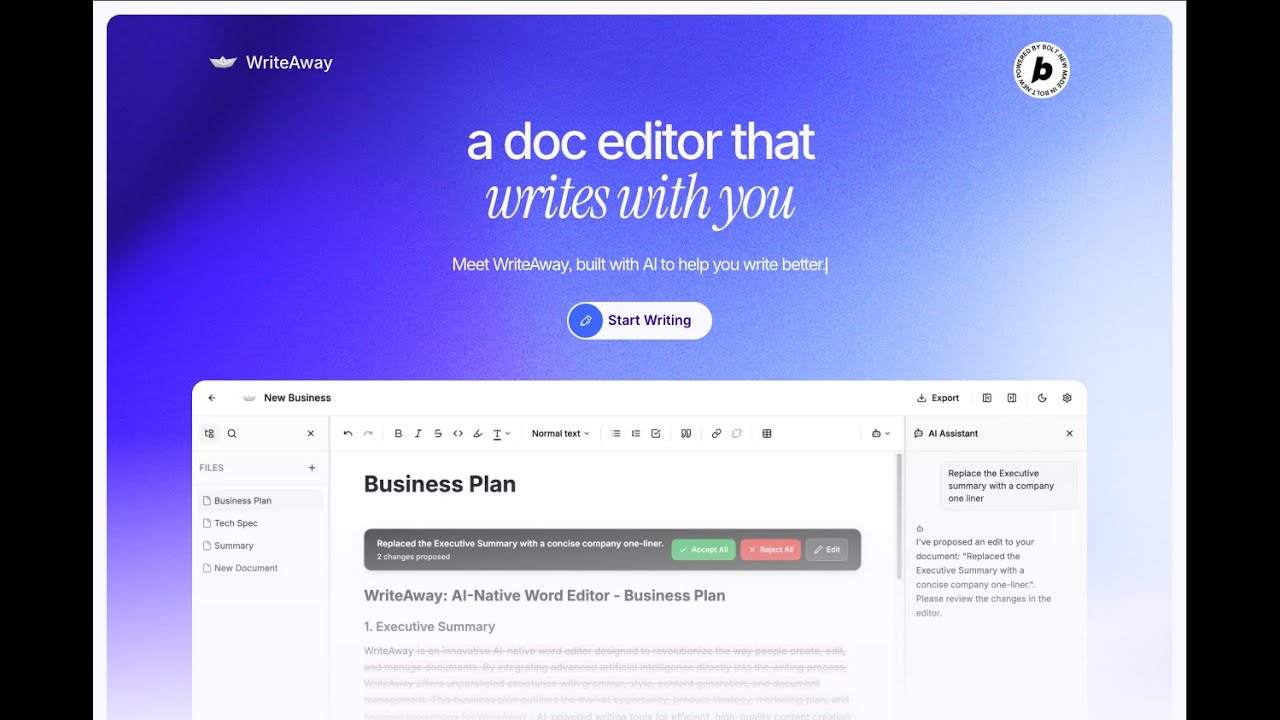 WriteAway - Hackathon Demo Video for bolt.new World's Largest Hackathon