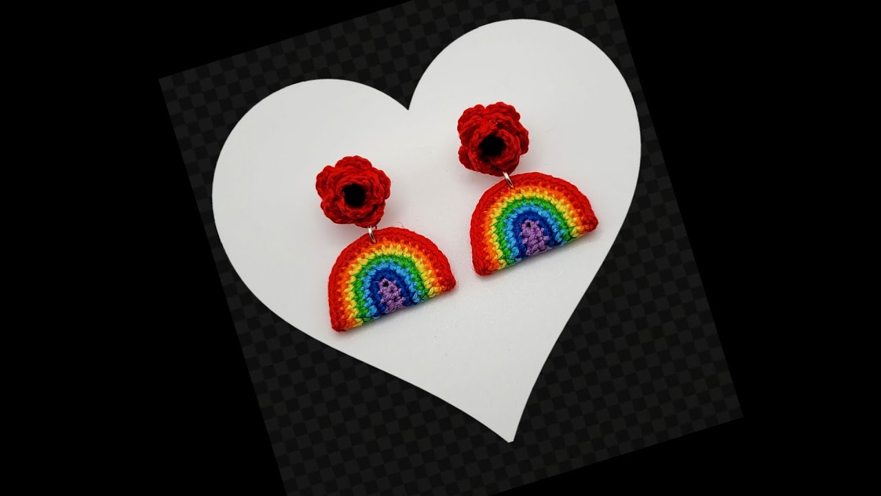 Crochet rainbow rose earrings @HelensCrafts
