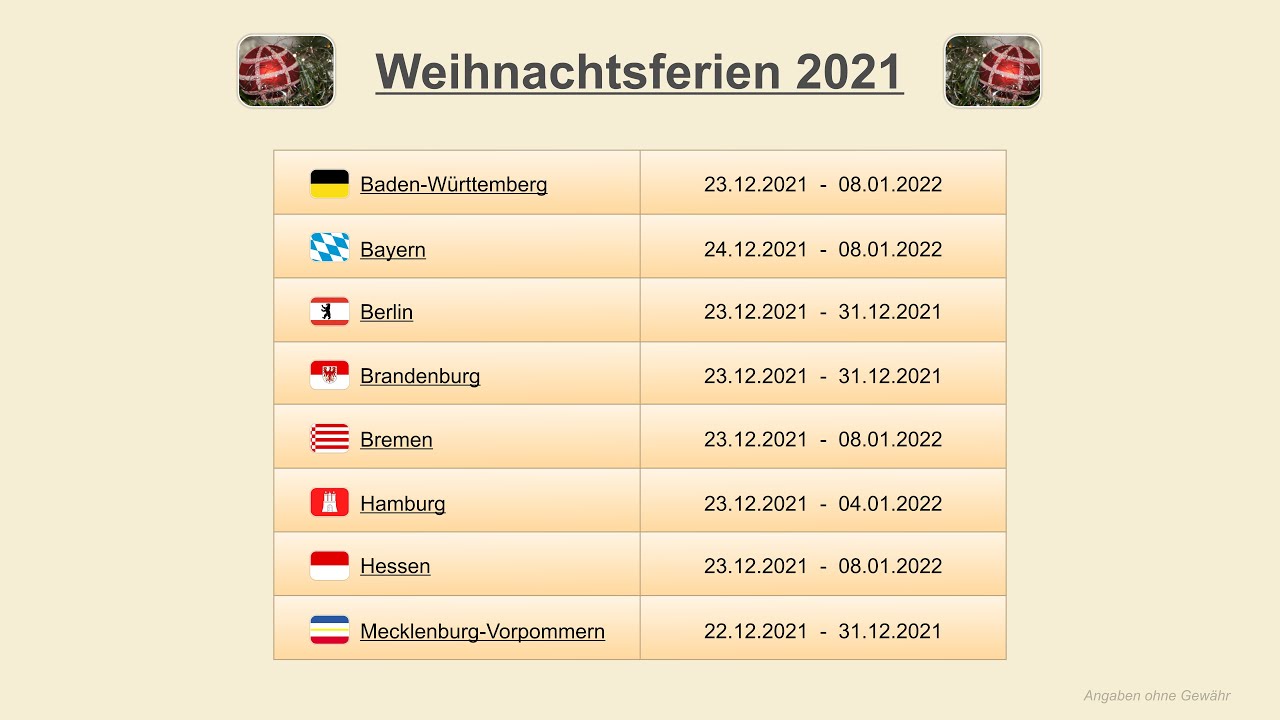 Weihnachtsferien 2021