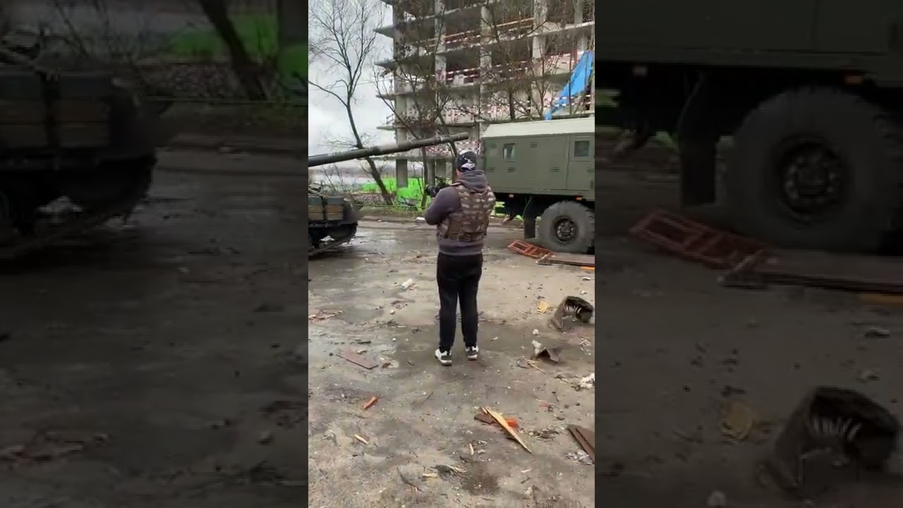 Ukrainian T-64BV towing a captured russian Kamaz command vehicle in liberated Gostomel.
