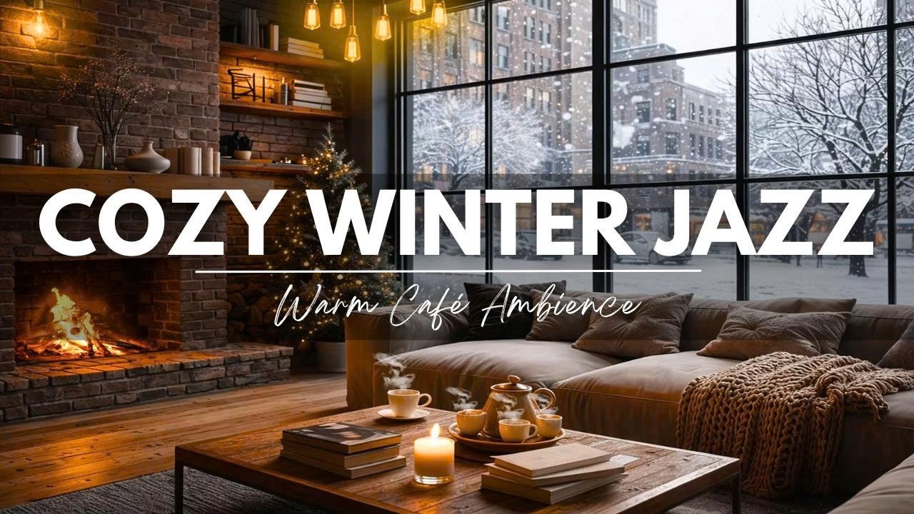Cozy Winter Café Ambience ⛄ Warm Instrumental Jazz & Crackling Fireplace for Work and Relax