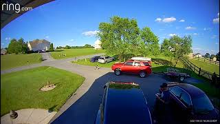 Little boy runs into front bumper of red SUV car (Security camera)