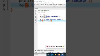 multiplication table in c programming language using for loop#viral#shorts#learn#how#youtubeshorts
