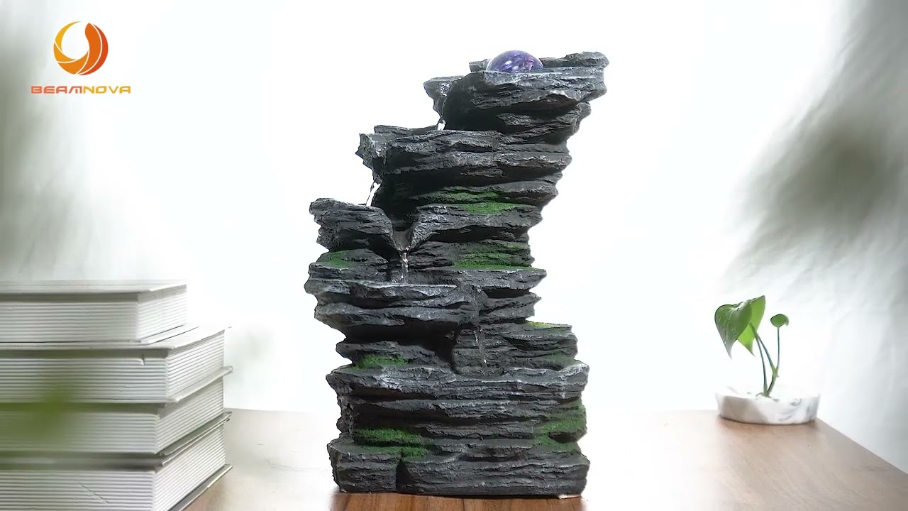 Tabletop Water Fountain with Colorful Rolling Ball, Stacked Rocks Waterfall Fountain Zen Calming
