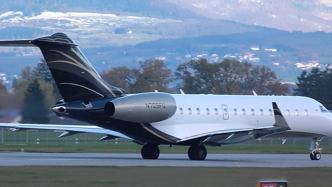 [HD] Private Bombardier BD-700-1A10 take off at Geneva/GVA/LSGG