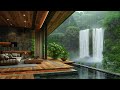 Forest luxury living room with waterfall view  rain sound for healing overcome stress meditation