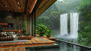 Forest Luxury Living Room with Waterfall View 🍃 Rain Sound for Healing, Overcome Stress, Meditation