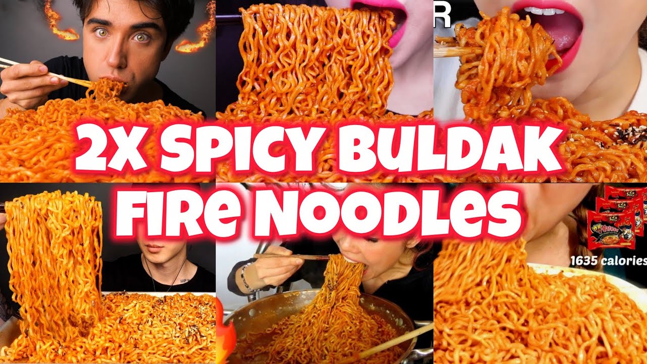 mukbangers trying to survive EATING 2X SPICY BULDAK FIRE NOODLES 🍜 🔥🥵 ASMR COMPILATION