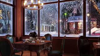 _Снежная ночь на окне в кафе с расслабляющей и плавной джазовой музыкой, снегопад_