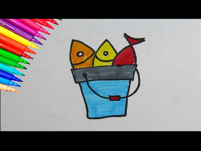 Draw a BUCKET WITH FISH - simple drawings for children. 