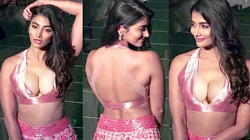 Pooja Hegde Gorgeous Looking Stunning in Deep Neck Pink Dress At Lakme Fashion Week 2019