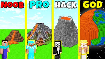 Minecraft Battle: NOOB vs PRO vs HACKER vs GOD: LAVA VOLCANO BASE BUILD CHALLENGE / Animation