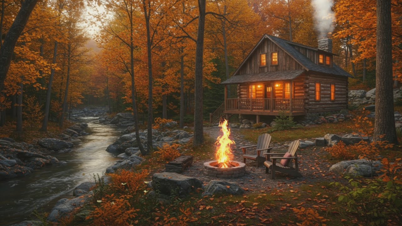 Peaceful Autumn Forest Sunset 🍁🔥 Cozy Cabin by the River with Birds Singing & Campfire Sounds