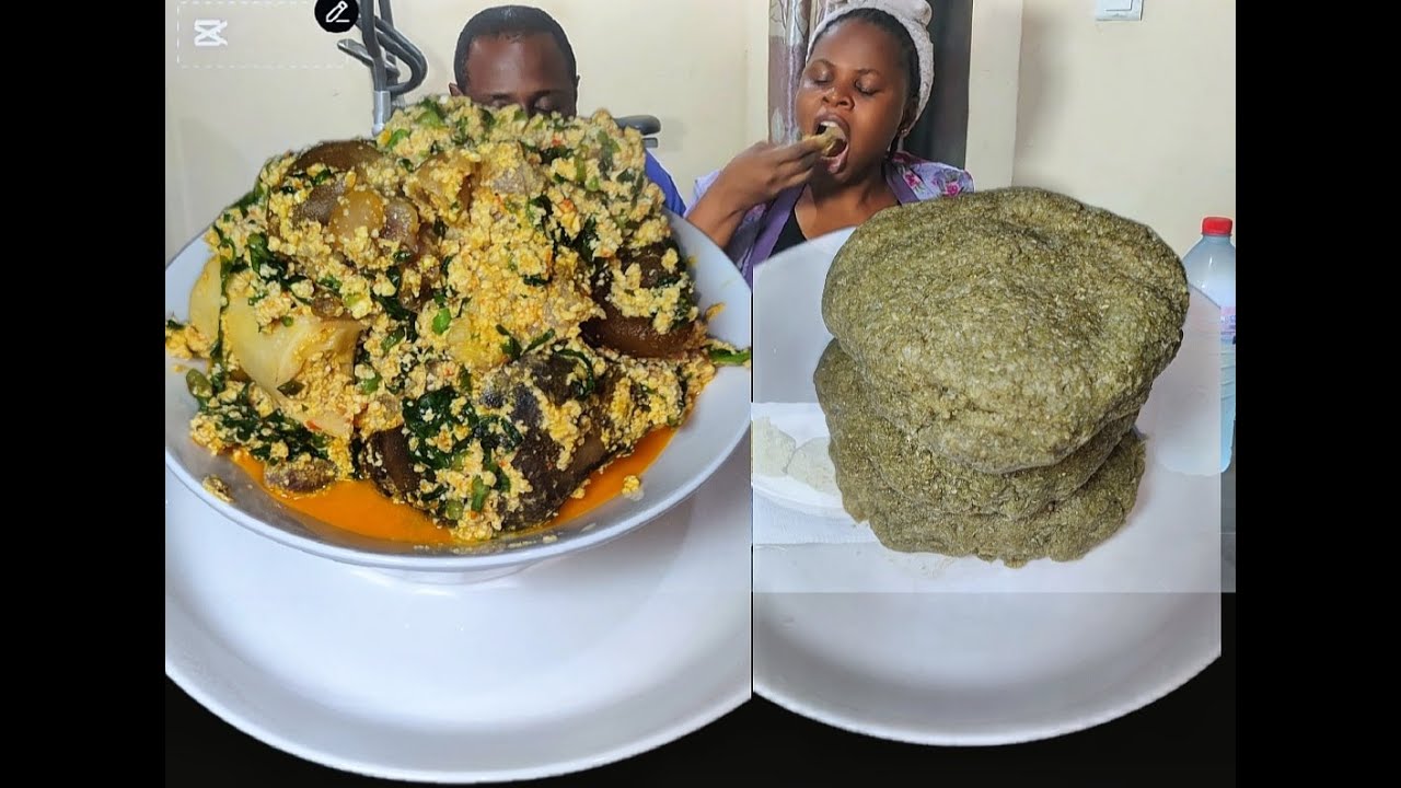 Asmr Mukbang Egwusi soup with vegetable garri fufu . #food