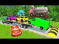 TRANSPORTING PIXAR CARS & FRUITS WITH COLORED & JOHN DEERE vs CLAAS vs TRACTORS - BeamNG.drive #962