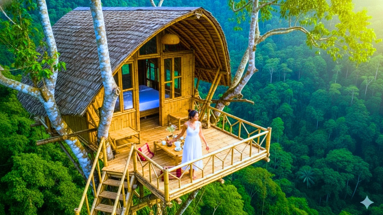 This woman Built a SECRET HOUSE High in the Trees (ASMR) — Building a Hidden Treehouse in the Wild