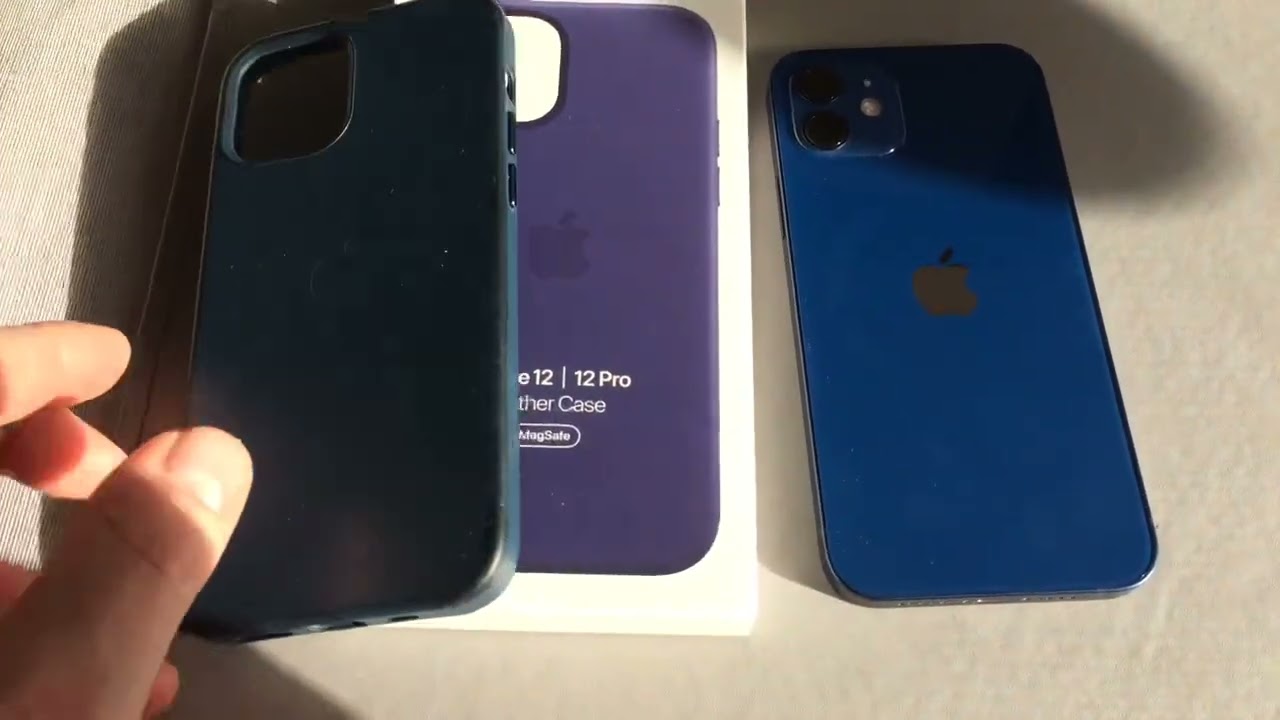 iPhone 12 in blue with Apple Deep Violet leather iPhone case - YouTube