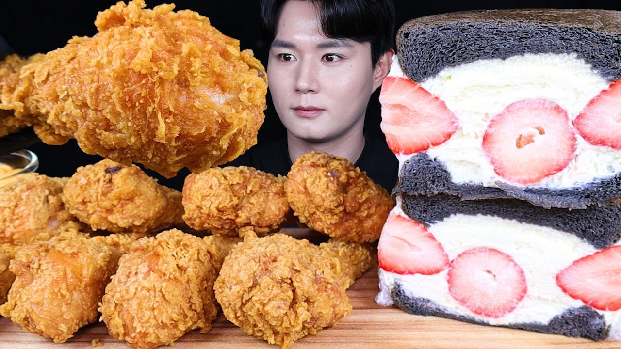 돌체테리아 딸기 샌드위치 황금올리브치킨 치즈 치킨 딸기 먹방ASMR MUKBANG FRIED CHICKEN & STRAWBERRY & DESSERT チキン eating sounds