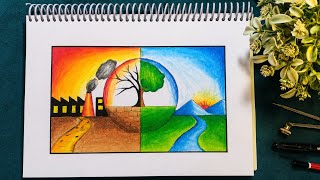 Easy Save Earth Drawing🌍 | Pollution🚫 vs Nature🌳 Drawing Easy Step by Step | Environment Drawing
