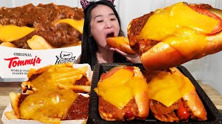 CHEESE OVERLOAD! Original Tommy's Chili Cheese Dogs \& Fries - Mukbang w\/ ASMR Satisfying Eating