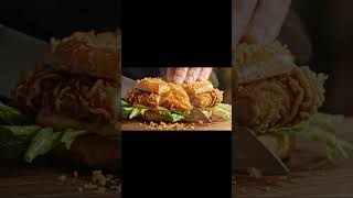 Cutting into a fried chicken burger. ASMR #asmr #satisfying #ai #relax #relaxing #food