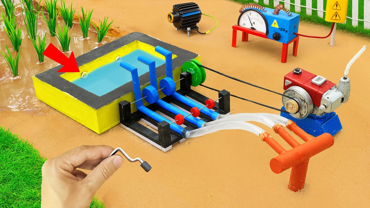 DIY Mini Motor Water Pump Using Bricks | Hand Pump Science Project with  Tractor Power