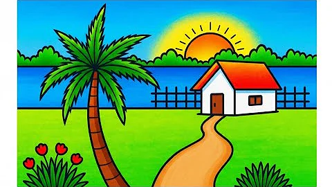 Easy sunset landscape drawing for beginners/ Village scenery drawing/ Nature drawing for competition